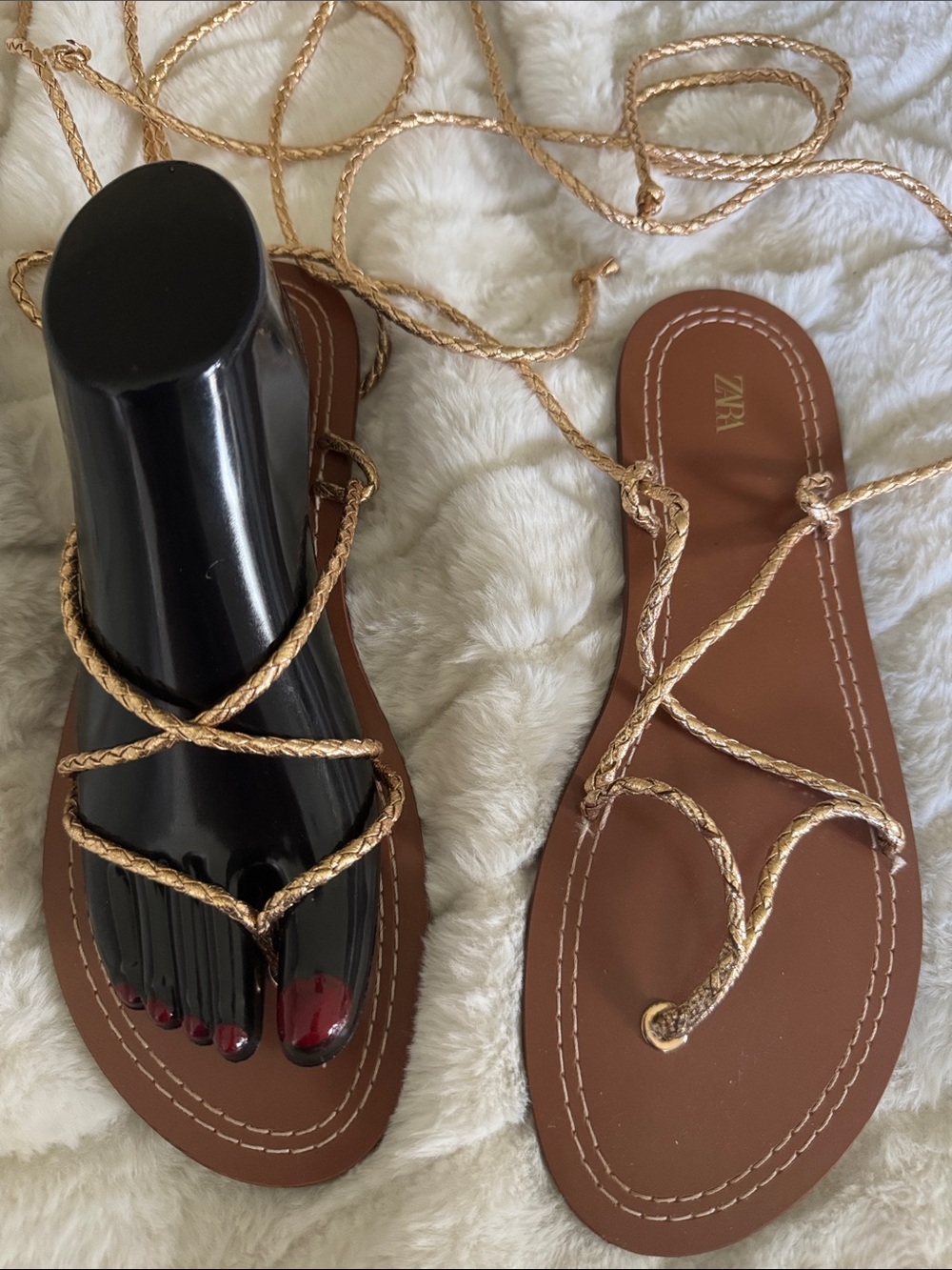Zara Tan Footbed Sandals with Gold Braided Lace Straps